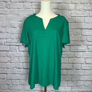 St John's Bay Women's XL Green Split Neck Cotton Tee Casualcore Classic